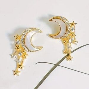 Gold Crescent Moon and Star Tassel Earrings